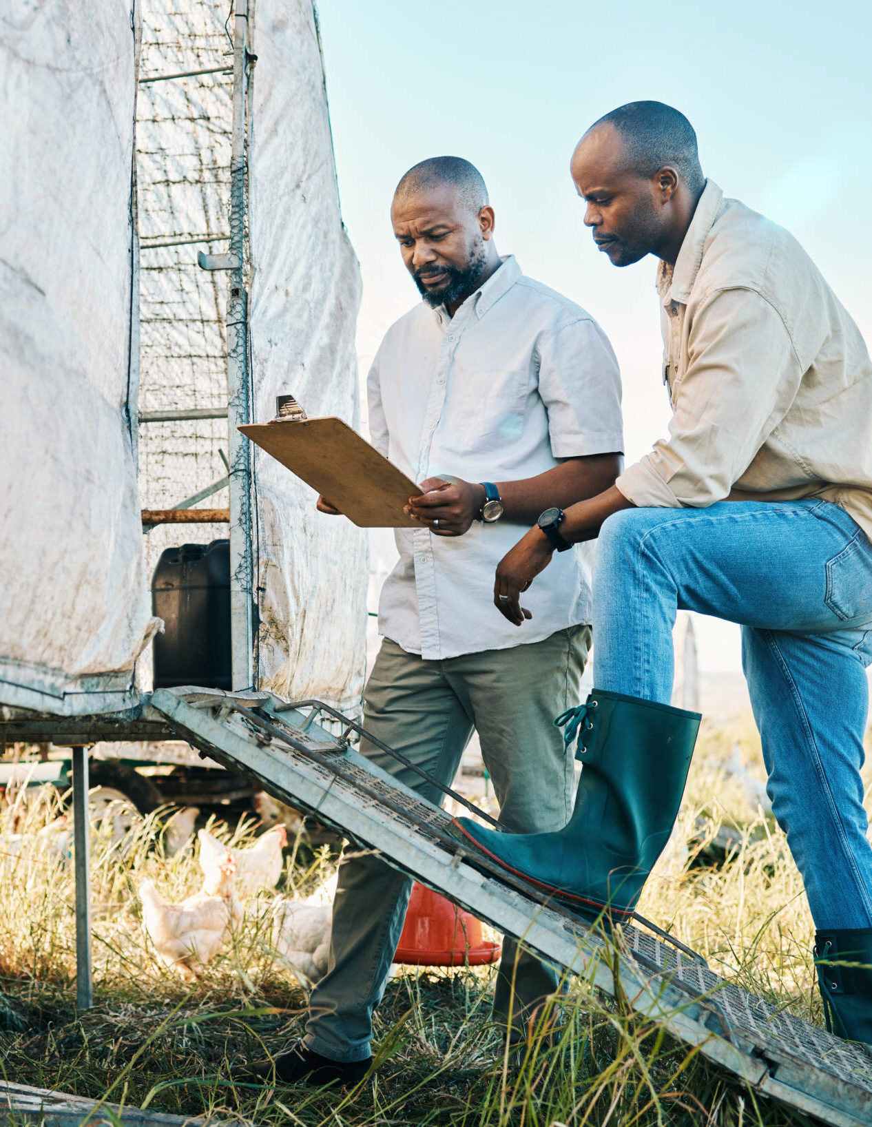 Farmer, clipboard and agriculture team planning or check harvest together to monitor Sustainability.